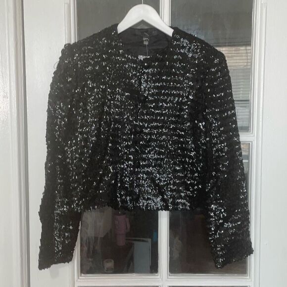 Vintage black sequin cropped long sleeve blazer jacket button down size 6 NWT - Picture 3 of 15